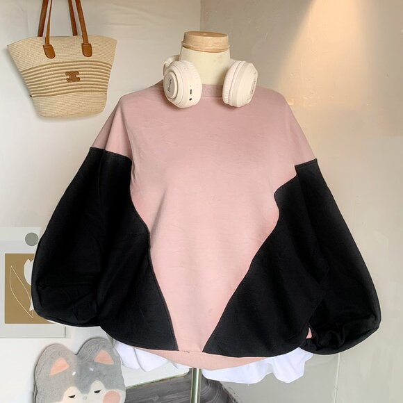 Pink Black Color Block Puff Sleeve Sweatshirt - Picture 1 of 4